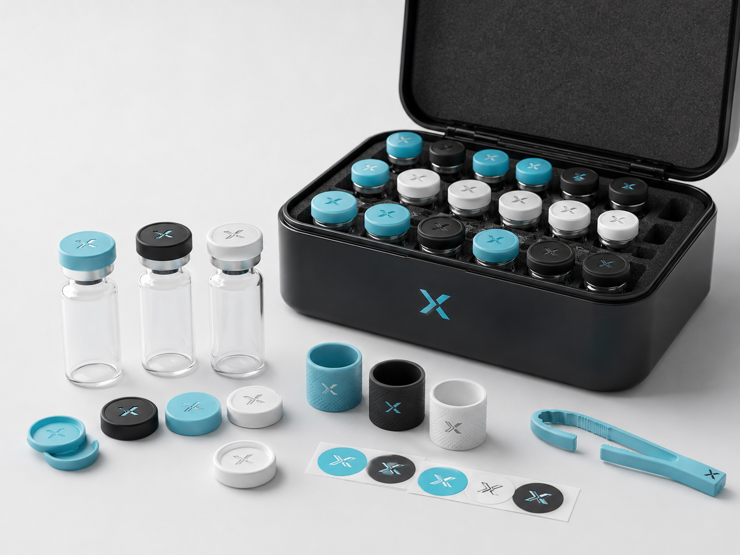 Kit completo NexGN Lab: viales, fundas de silicona, stickers y pinzas